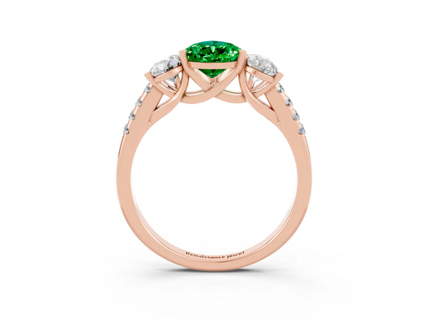 Rose gold Three-Stone Pear Cut Emerald Ring with Round  Pavé Band and Prong Setting