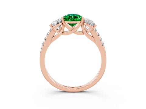 Rose gold Three-Stone Pear Cut Emerald Ring with Pavé Band and Prong Setting_15