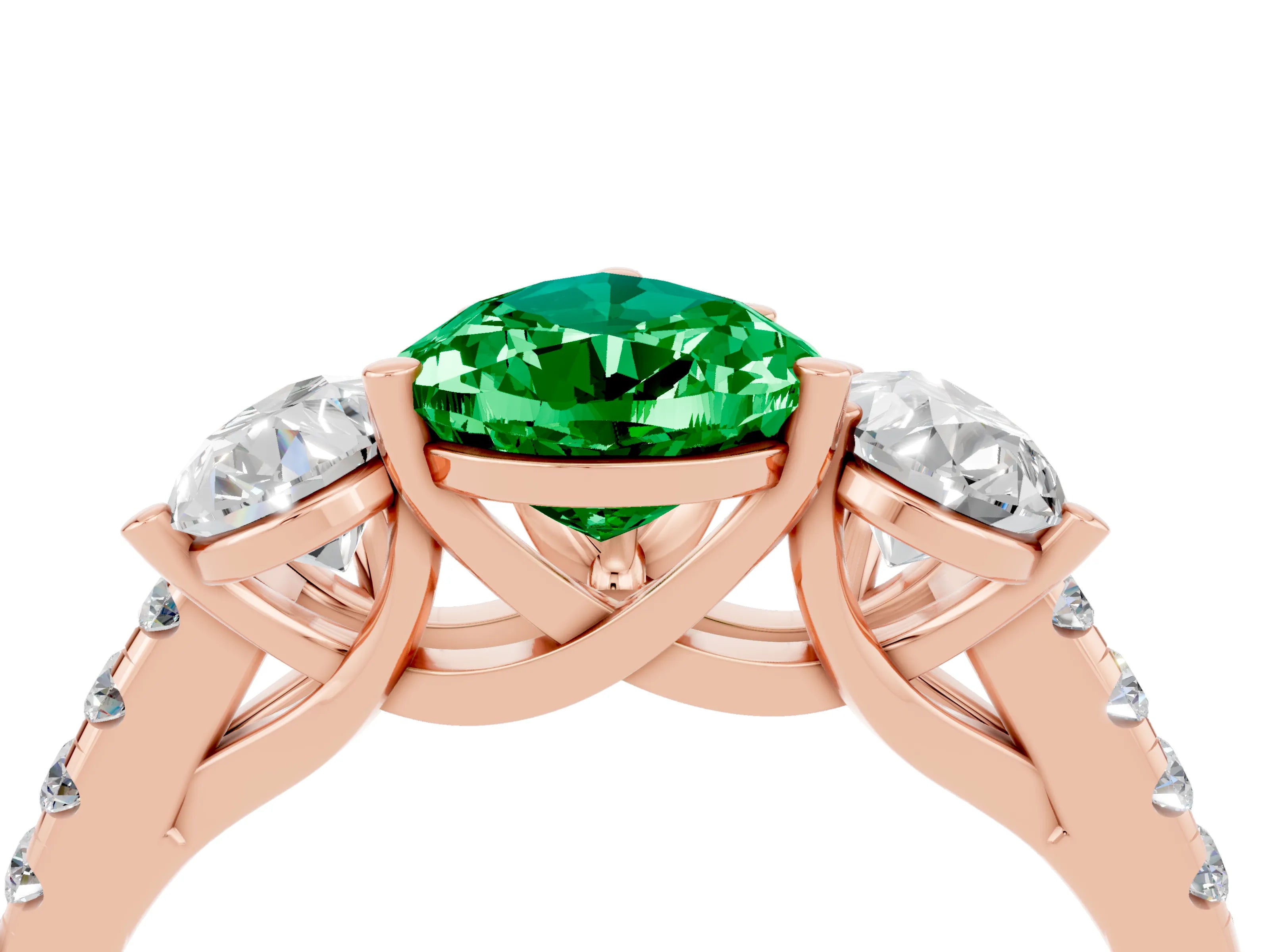 Rose gold Three-Stone Pear Cut Emerald Ring with Pavé Band and Prong Setting_16