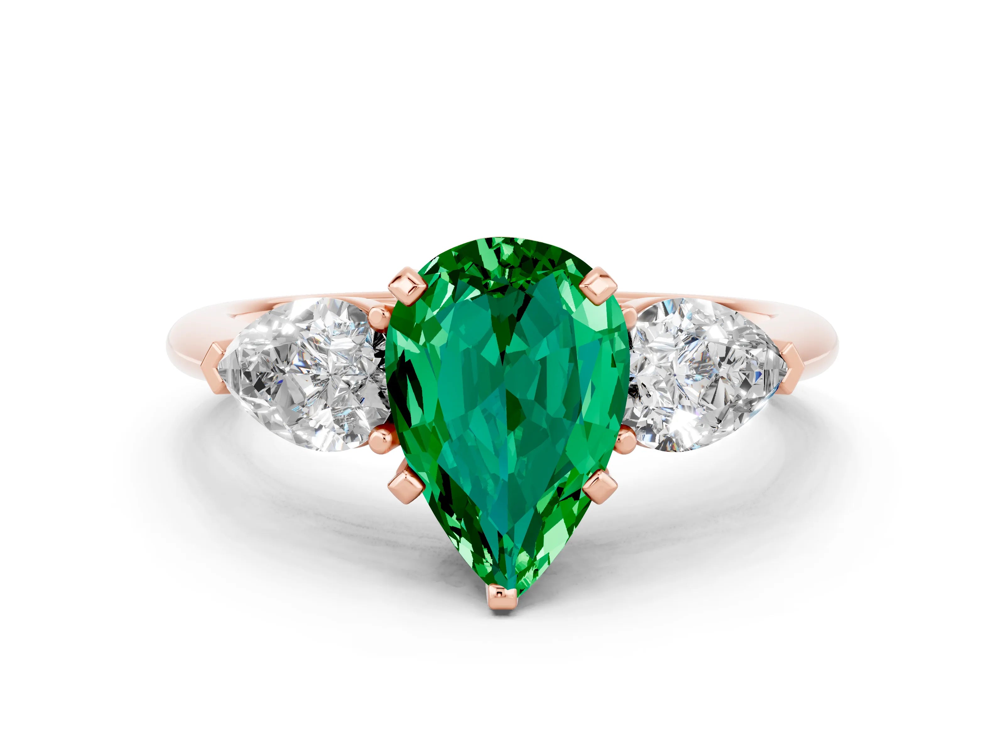 Rose gold Three-Stone Pear Cut Emerald Ring with Pear Side Stones and Four-Prong Setting