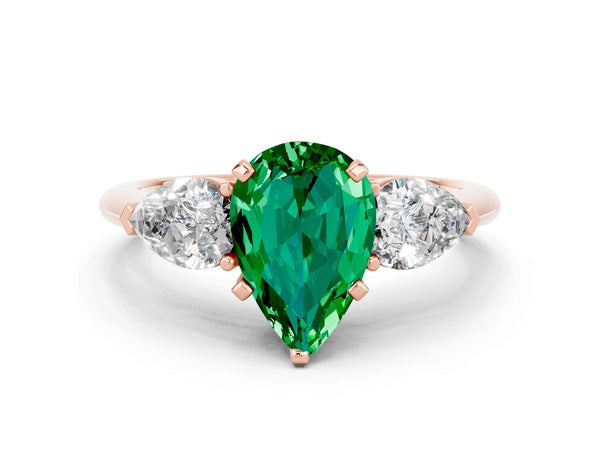 Rose gold Three-Stone Pear Cut Emerald Ring with Pear Side Stones and Four-Prong Setting