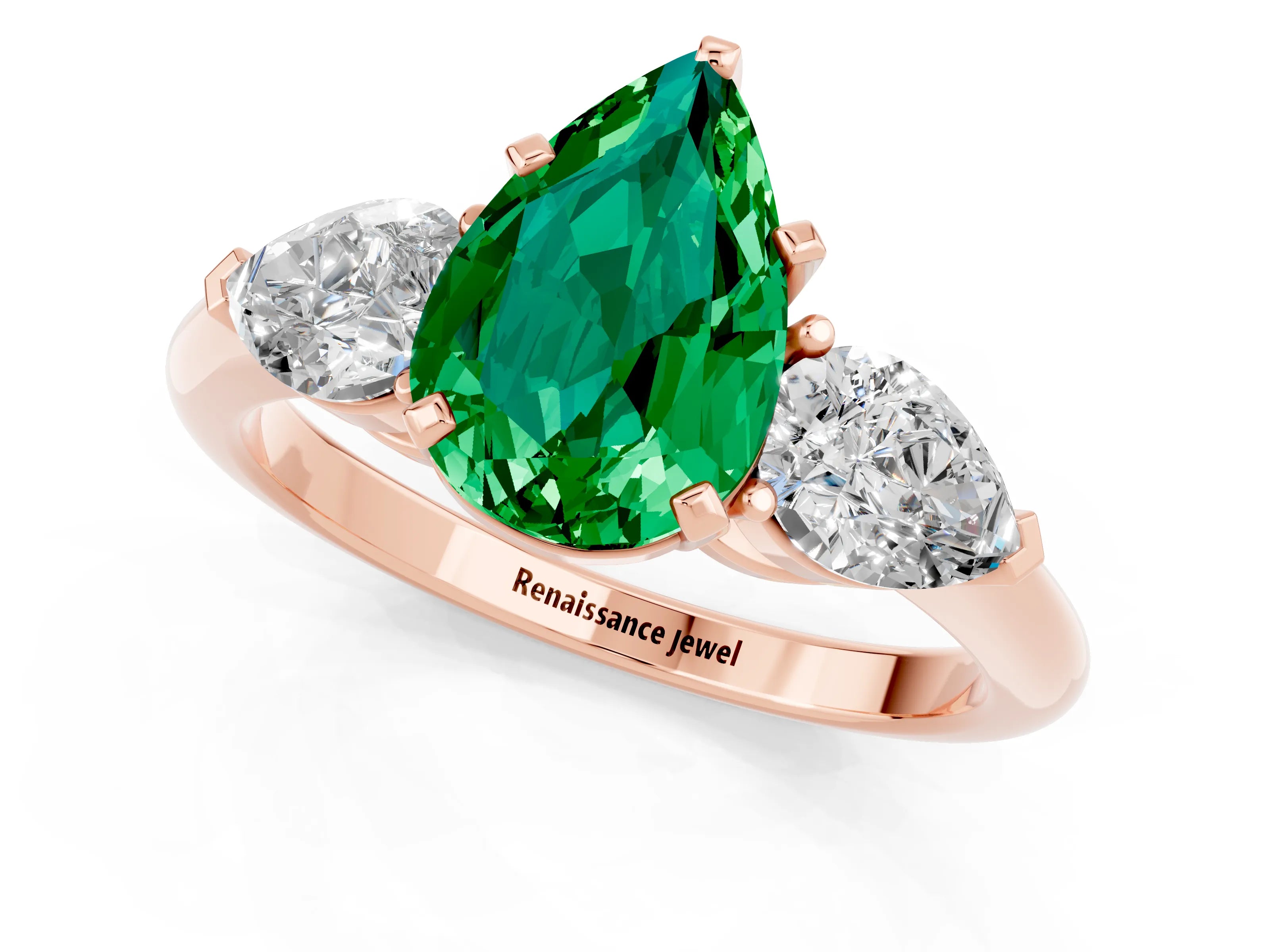 Rose gold Three-Stone Pear Cut Emerald Ring with Pear Side Stones and Four-Prong Setting_1
