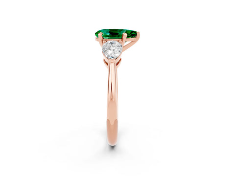 Rose gold Three-Stone Pear Cut Emerald Ring with Pear Side Stones and Four-Prong Setting_2