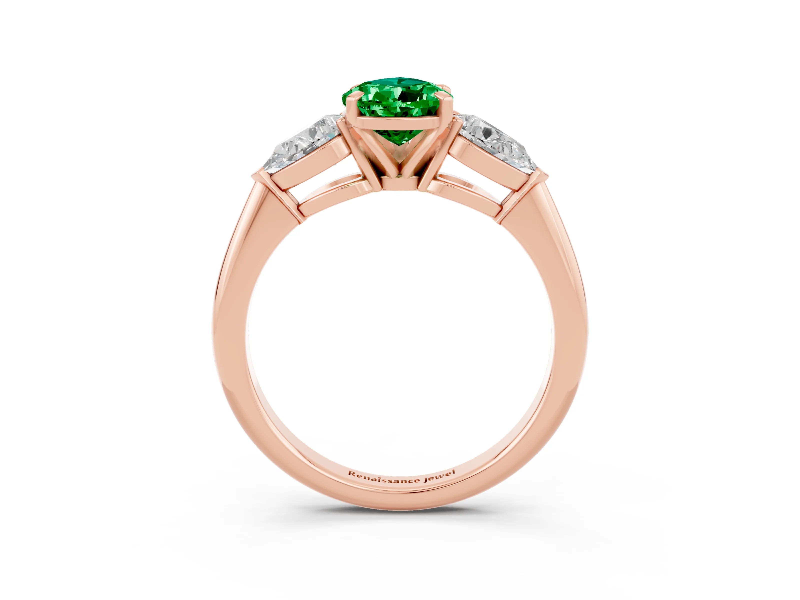 Rose gold Three-Stone Pear Cut Emerald Ring with Pear Side Stones and Four-Prong Setting_3