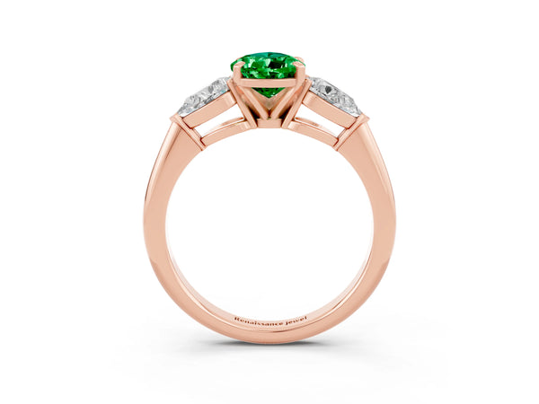 Rose gold Three-Stone Pear Cut Emerald Ring with Pear Side Stones and Four-Prong Setting