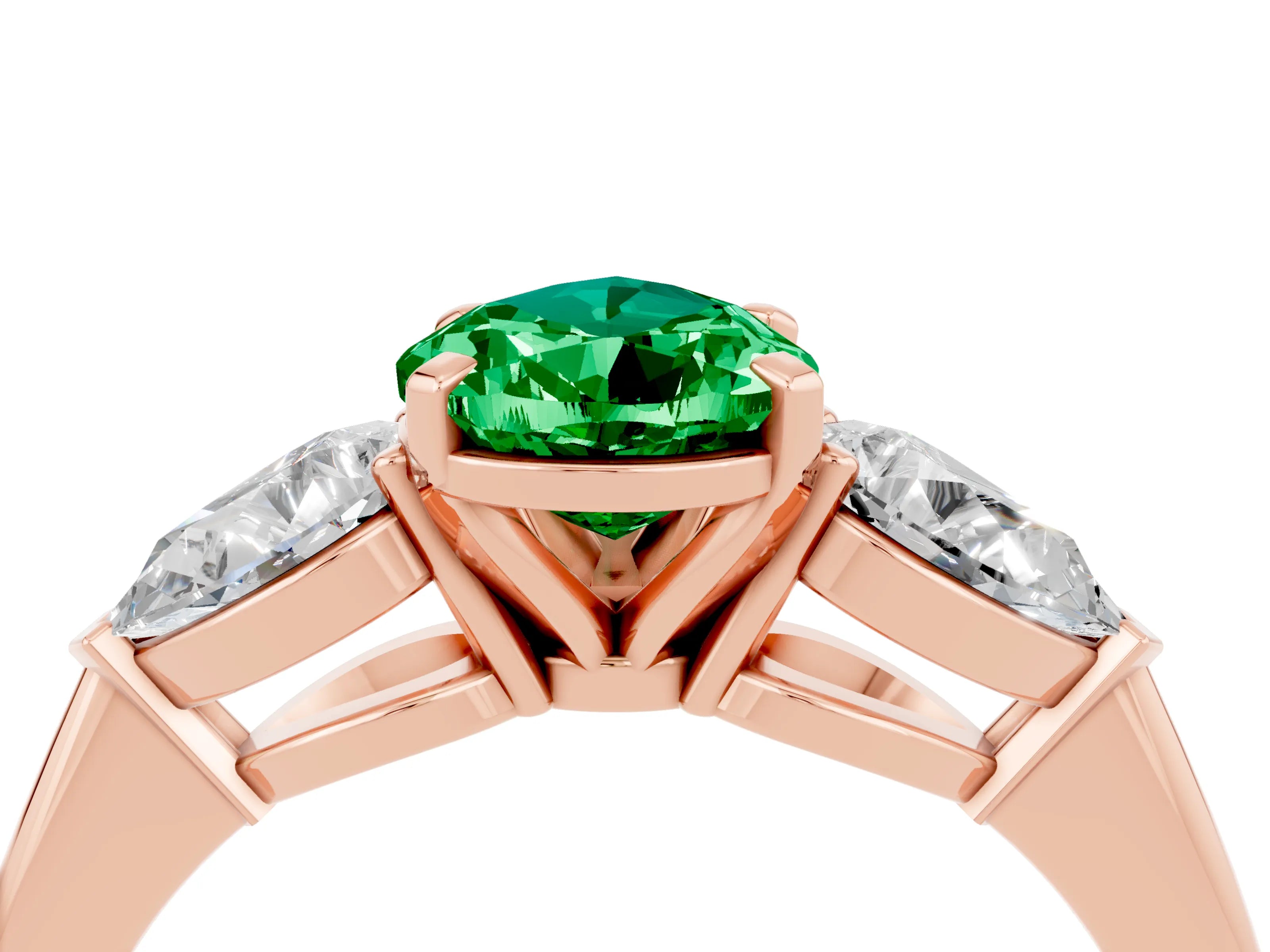 Rose gold Three-Stone Pear Cut Emerald Ring with Pear Side Stones and Four-Prong Setting_4