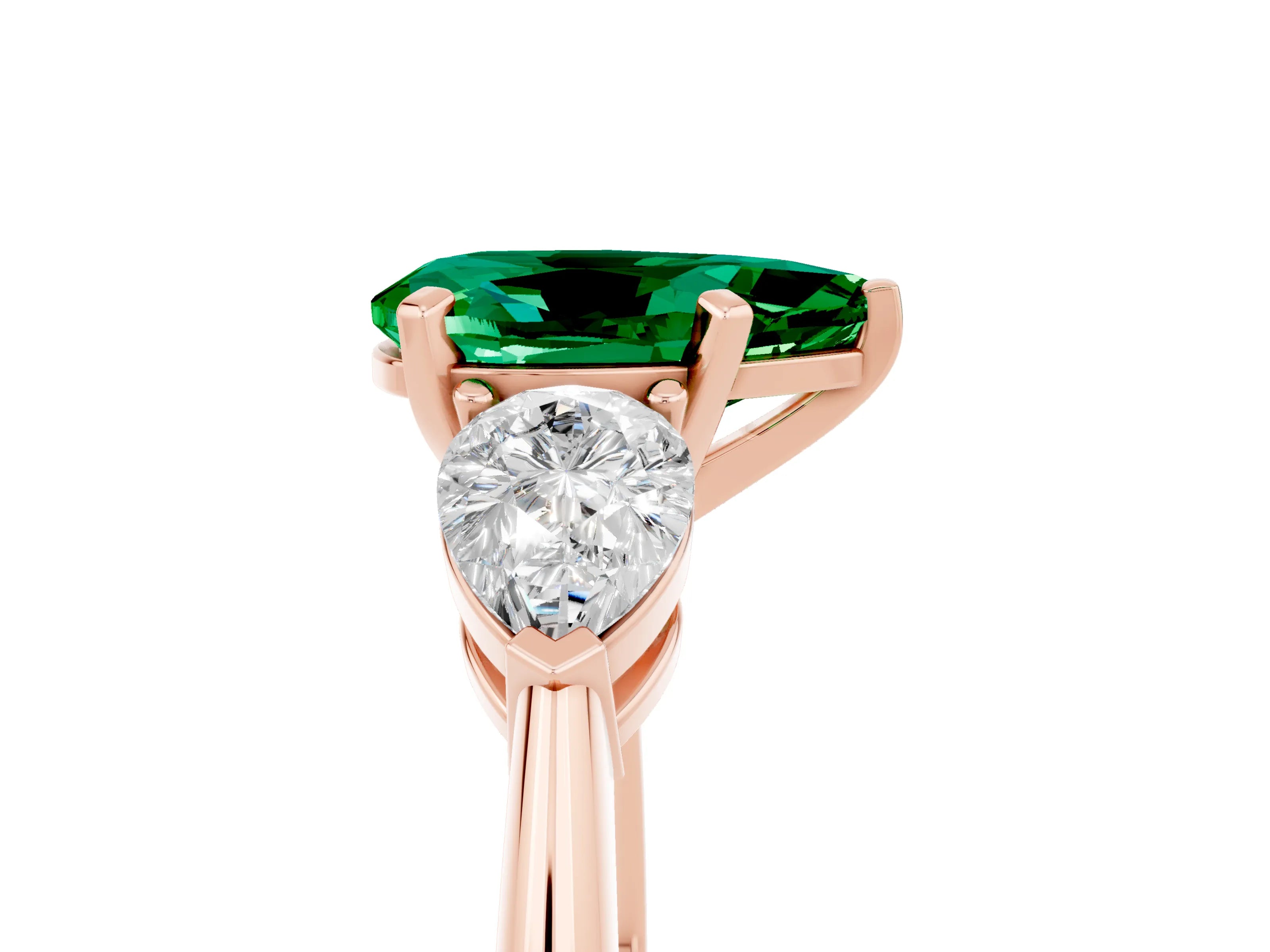 Rose gold Three-Stone Pear Cut Emerald Ring with Pear Side Stones and Four-Prong Setting_5