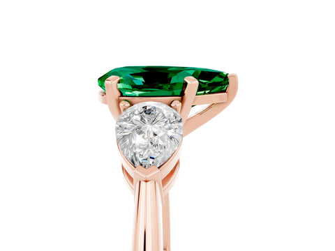 Rose gold Three-Stone Pear Cut Emerald Ring with Pear Side Stones and Four-Prong Setting_5