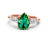 Rose gold Three-Stone Pear Cut Emerald Ring with Pear  Side Stones in Four-Prong Setting_12