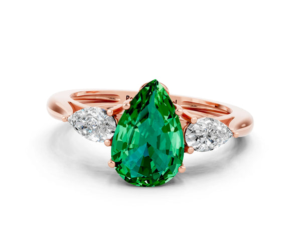 Rose gold Three-Stone Pear Cut Emerald Ring with Pear  Side Stones in Four-Prong Setting