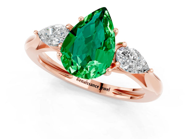 Rose gold Three-Stone Pear Cut Emerald Ring with Pear  Side Stones in Four-Prong Setting