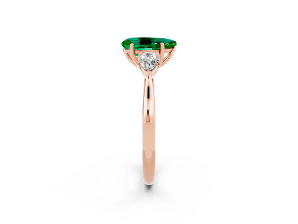 Rose gold Three-Stone Pear Cut Emerald Ring with Pear  Side Stones in Four-Prong Setting