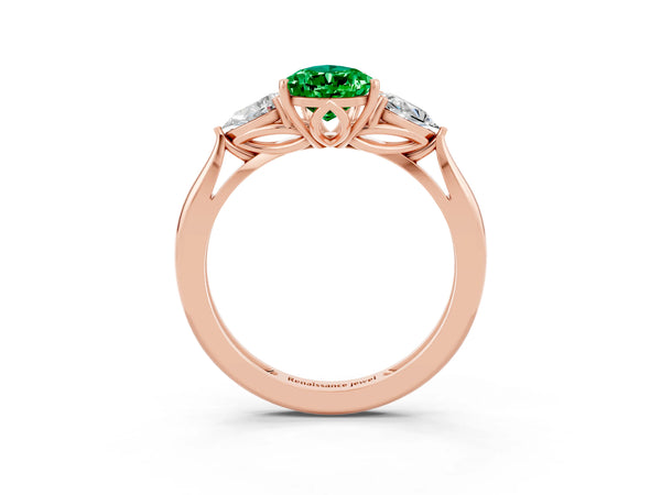 Rose gold Three-Stone Pear Cut Emerald Ring with Pear  Side Stones in Four-Prong Setting