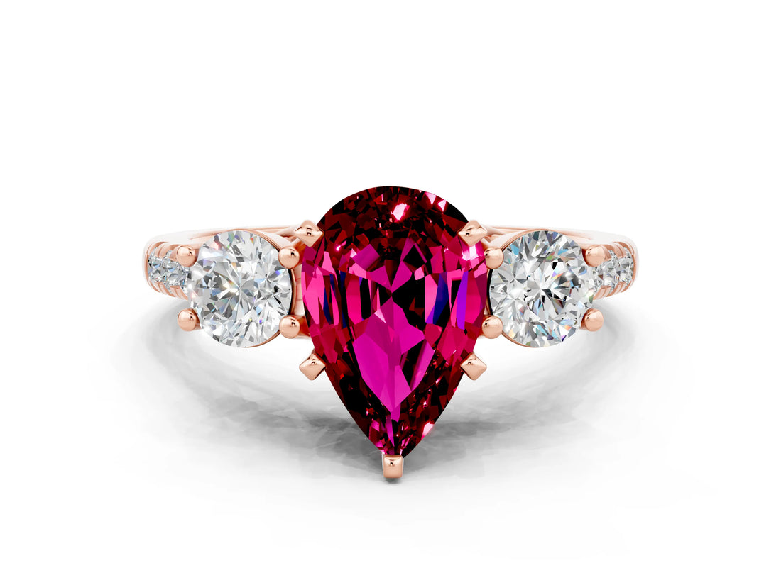 Rose gold Three-Stone Pear Cut Garnet Pavé Band with Four-Prong Setting