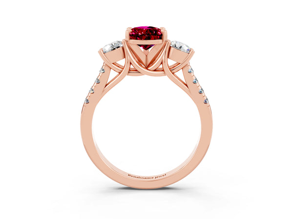 Rose gold Three-Stone Pear Cut Garnet Pavé Band with Four-Prong Setting