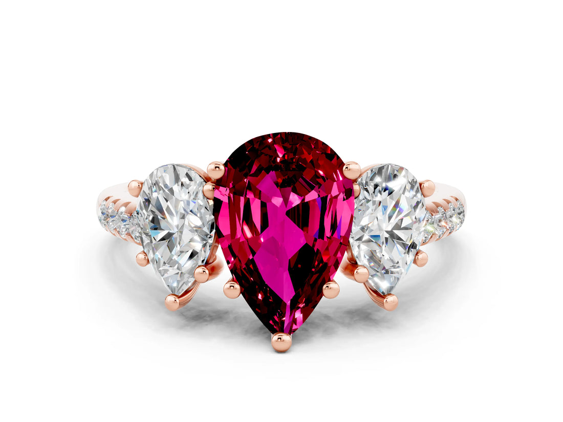Rose gold Three-Stone Pear Cut Garnet Ring with Pavé Band and Prong Setting_12