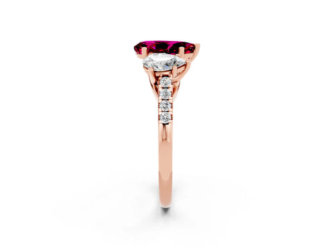Rose gold Three-Stone Pear Cut Garnet Ring with Pavé Band and Prong Setting_14