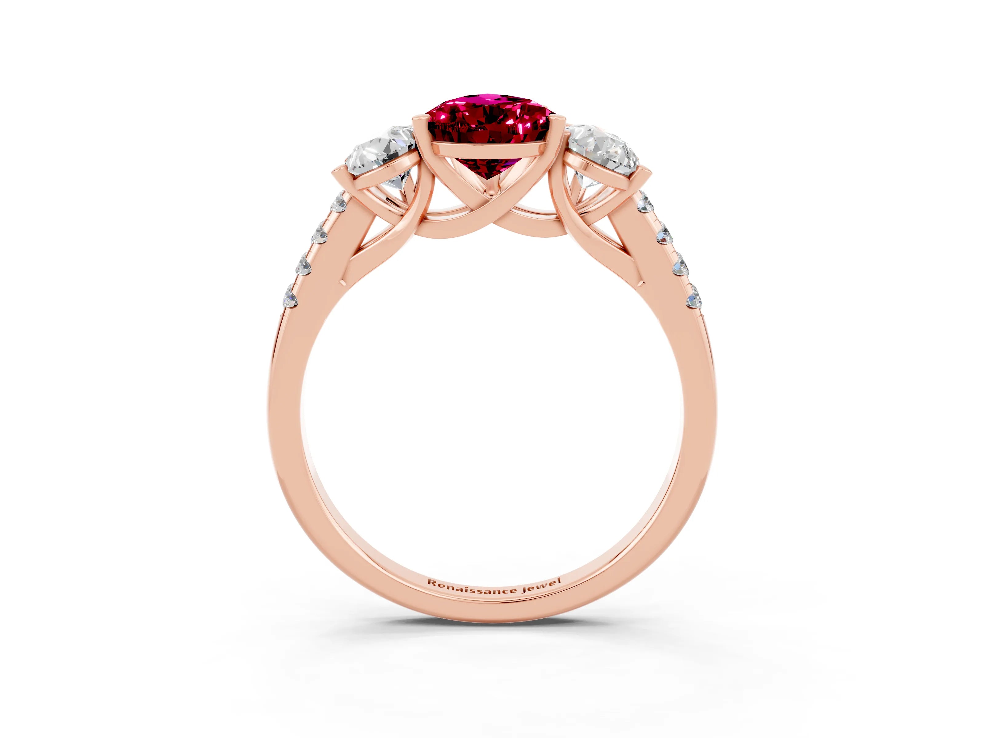 Rose gold Three-Stone Pear Cut Garnet Ring with Pavé Band and Prong Setting_15