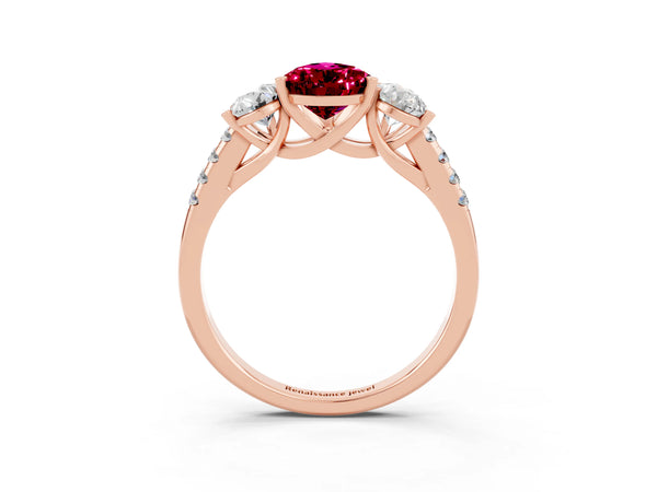 Rose gold Three-Stone Pear Cut Garnet Ring with Round  Pavé Band and Prong Setting
