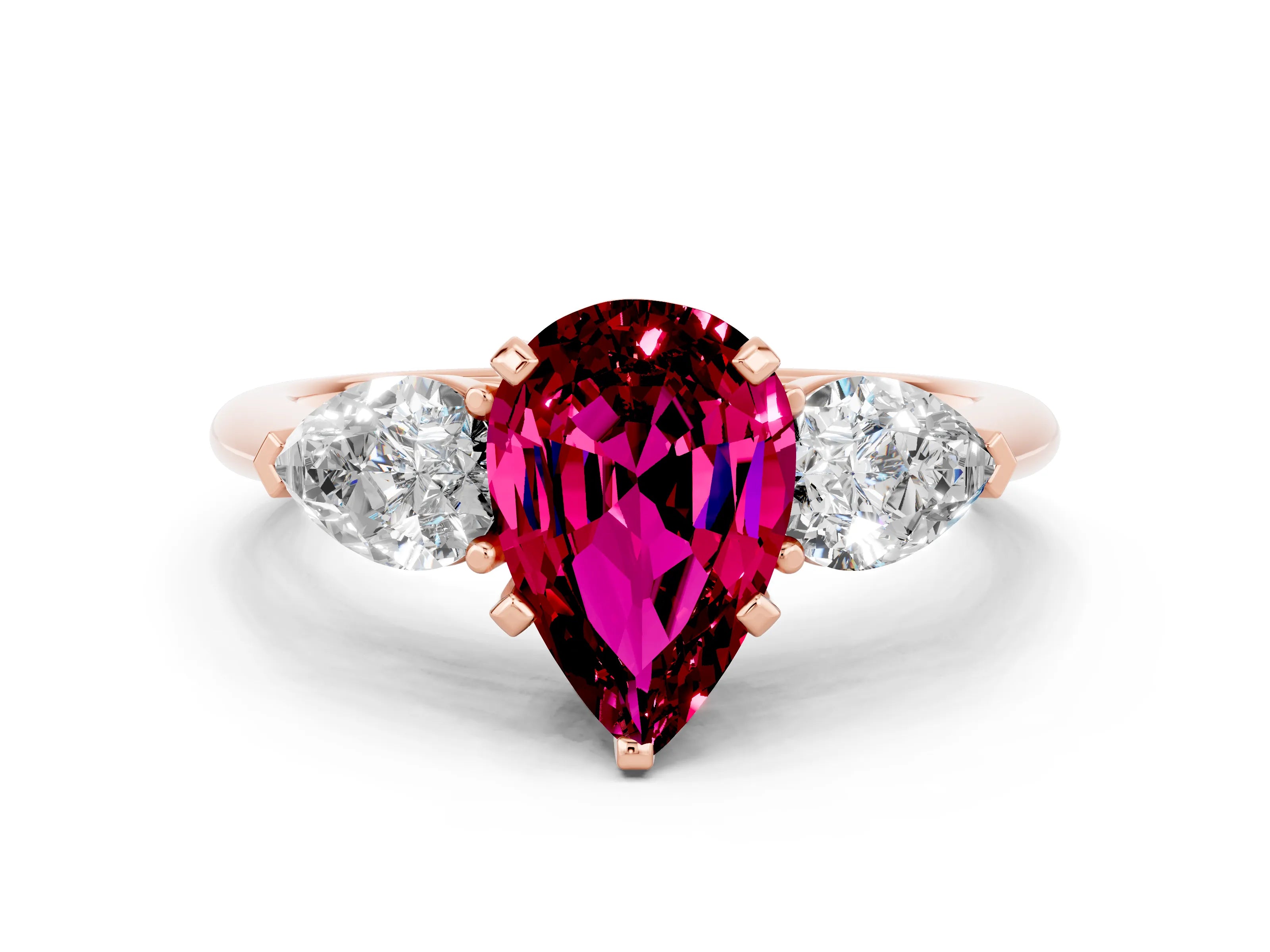 Rose gold Three-Stone Pear Cut Garnet Ring with Pear Side Stones and Four-Prong Setting