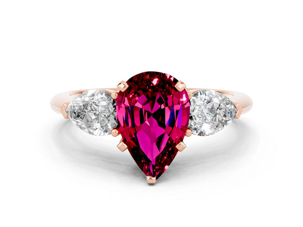 Rose gold Three-Stone Pear Cut Garnet Ring with Pear Side Stones and Four-Prong Setting