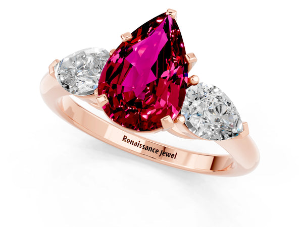 Rose gold Three-Stone Pear Cut Garnet Ring with Pear Side Stones and Four-Prong Setting