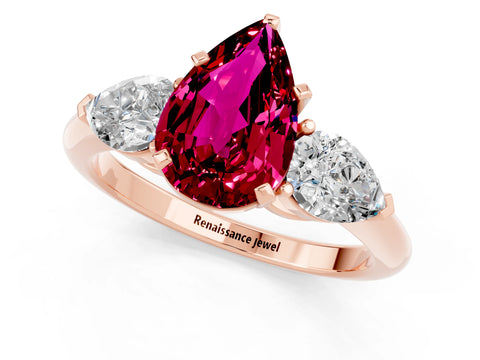 Rose gold Three-Stone Pear Cut Garnet Ring with Pear Side Stones and Four-Prong Setting_1