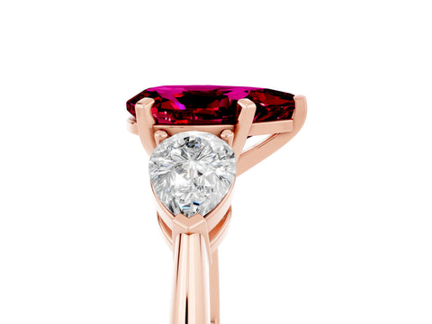 Rose gold Three-Stone Pear Cut Garnet Ring with Pear Side Stones and Four-Prong Setting_5