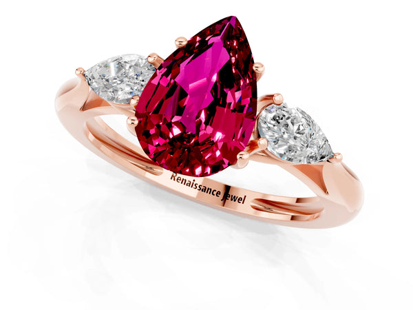 Rose gold Three-Stone Pear Cut Garnet Ring with Pear  Side Stones in Four-Prong Setting