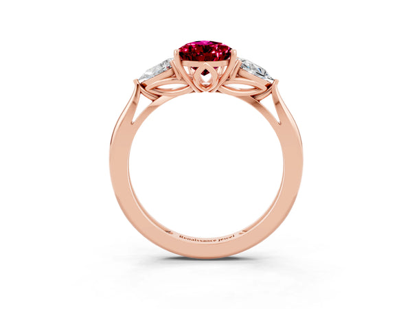 Rose gold Three-Stone Pear Cut Garnet Ring with Pear  Side Stones in Four-Prong Setting