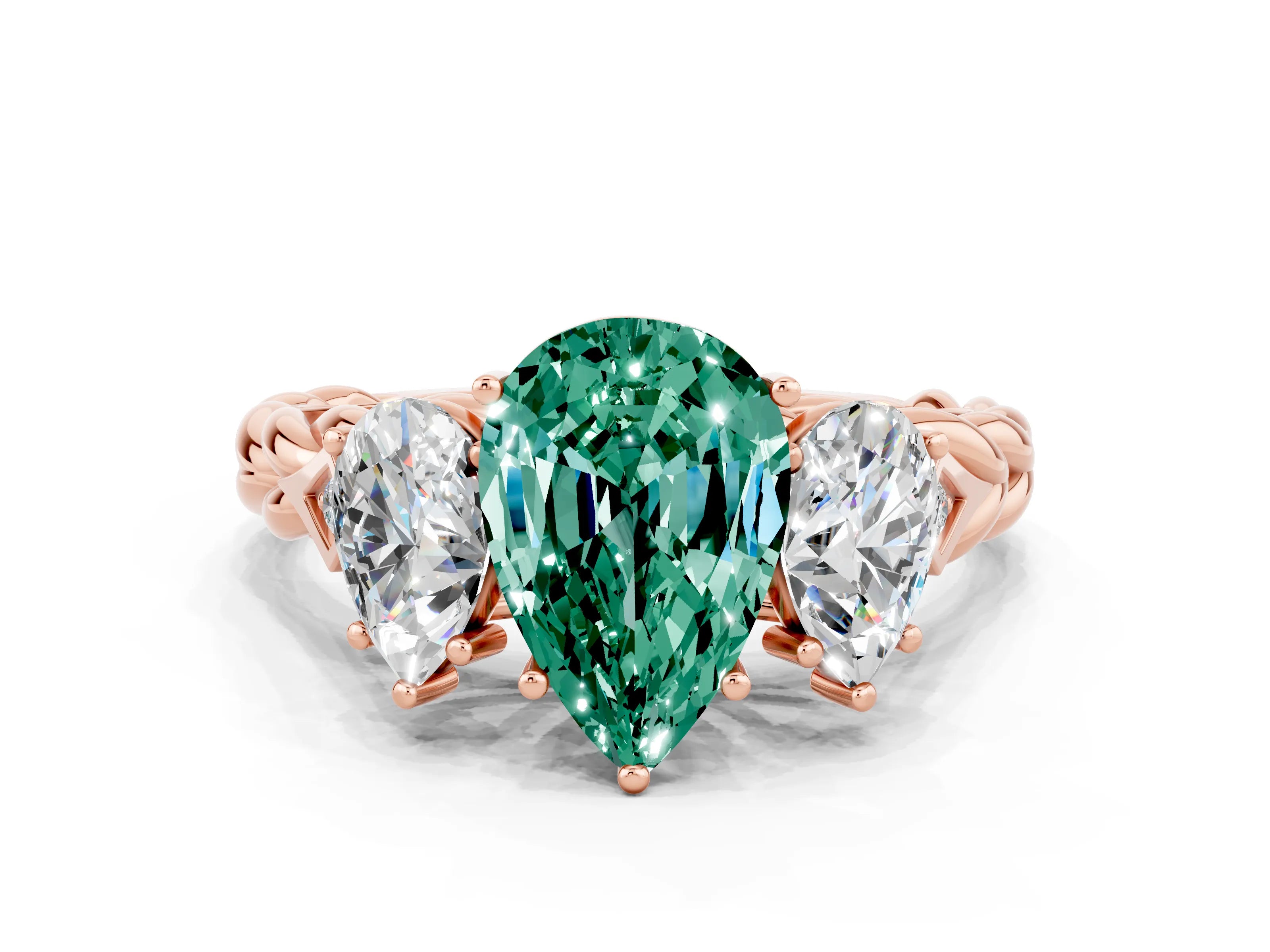 Rose gold Three-Stone Pear Cut Green Sapphire Braided Band Ring with Four-Prong Setting_12