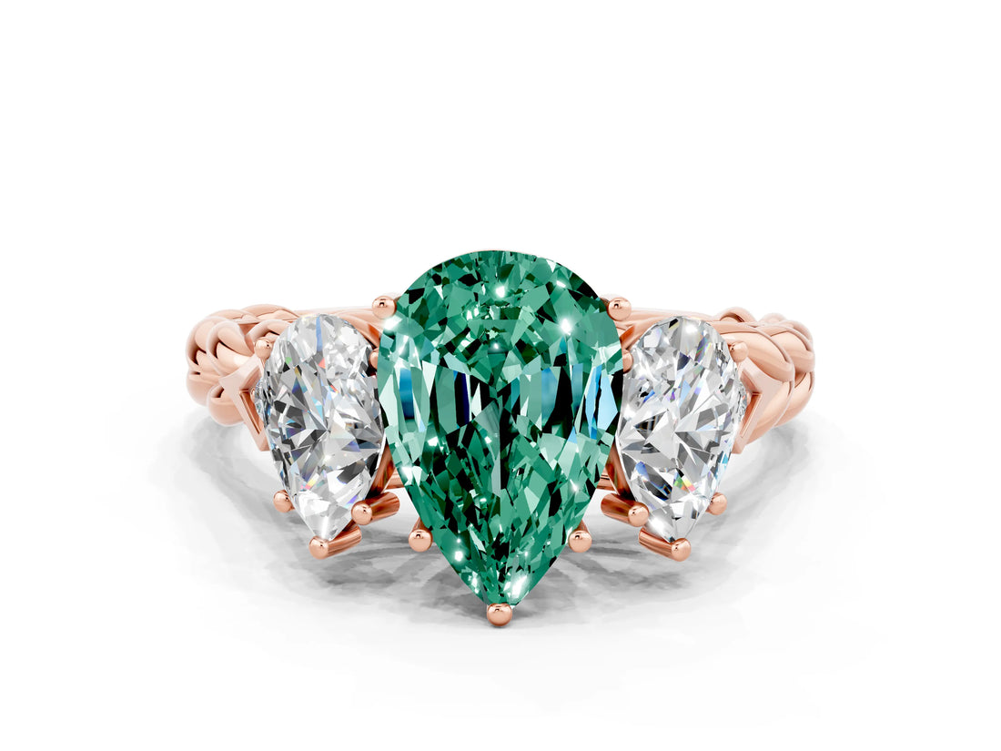 Rose gold Three-Stone Pear Cut Green Sapphire Braided Band Ring with Four-Prong Setting_12