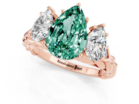Rose gold Three-Stone Pear Cut Green Sapphire Braided Band Ring with Four-Prong Setting_13