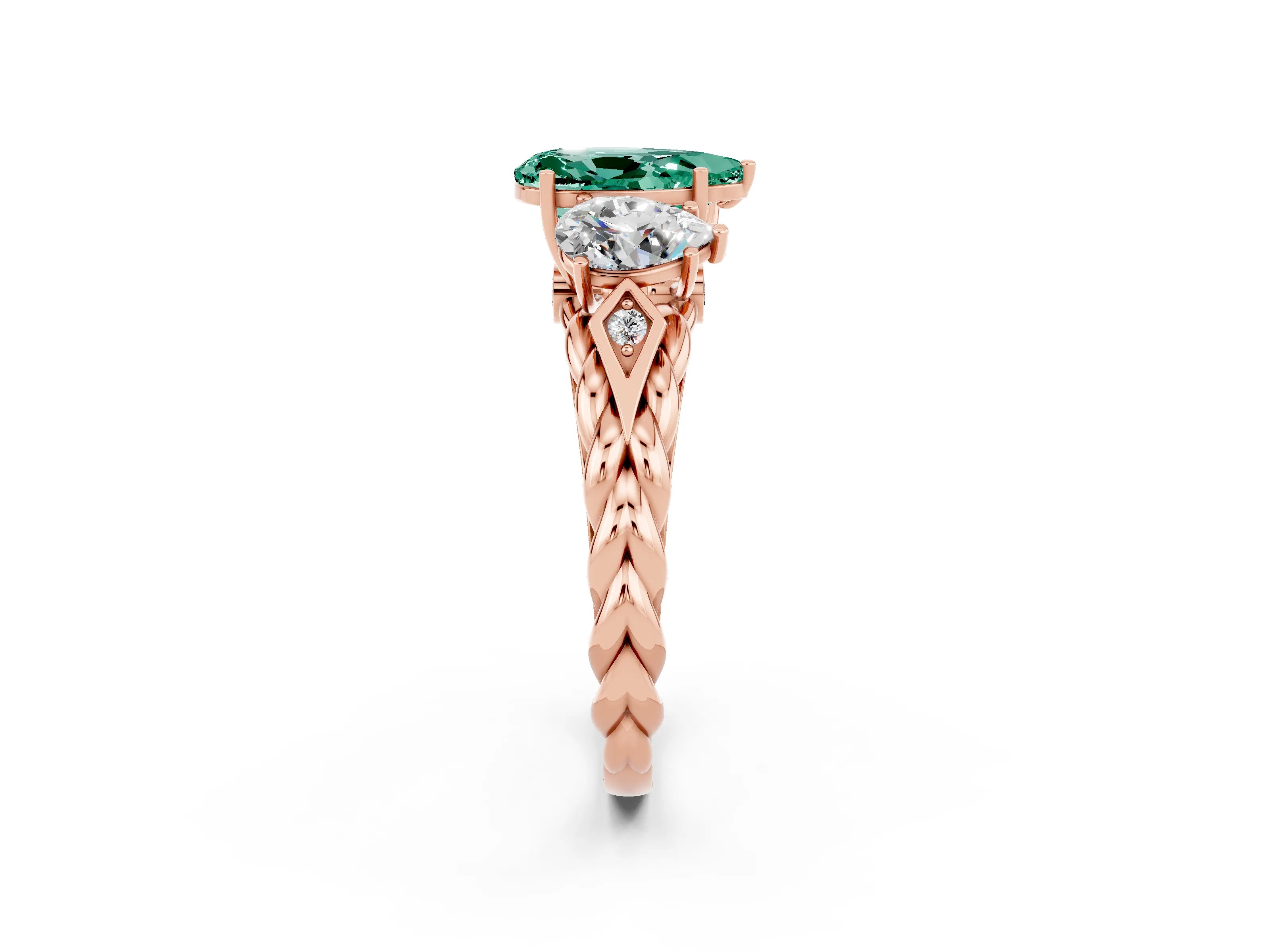 Rose gold Three-Stone Pear Cut Green Sapphire Braided Band Ring with Four-Prong Setting_14