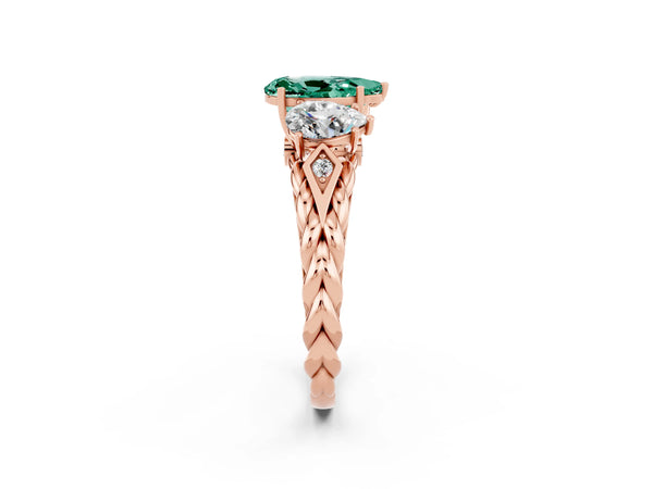Rose gold Three-Stone Pear Cut Green Sapphire Braided Band Ring with Four-Prong Setting