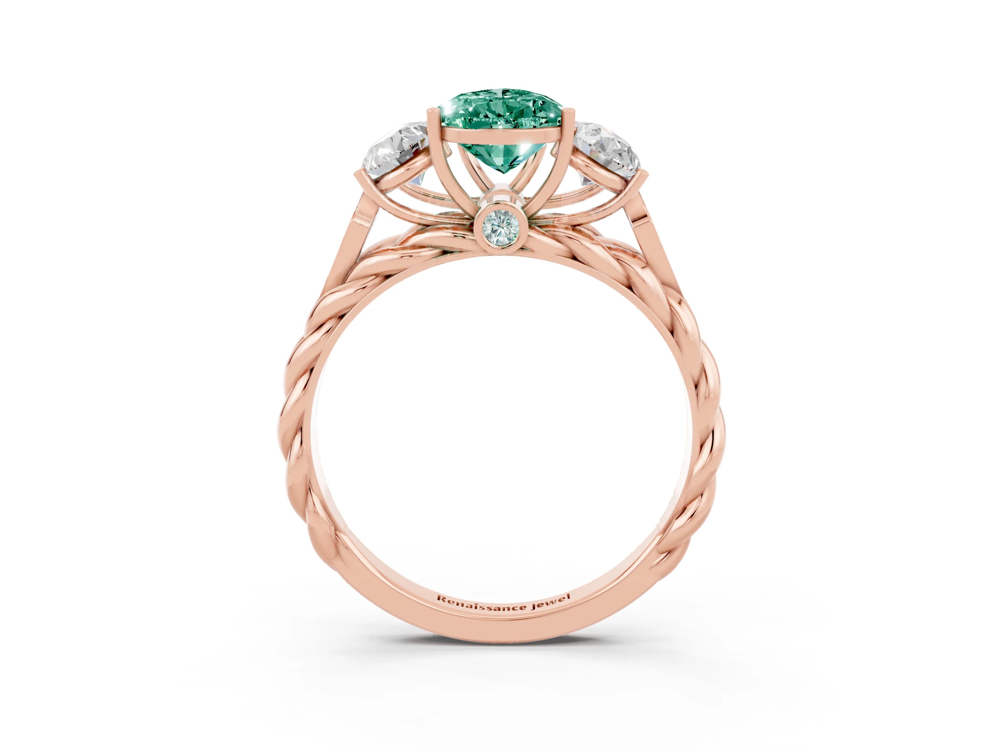 Rose gold Three-Stone Pear Cut Green Sapphire Braided Band Ring with Four-Prong Setting_15