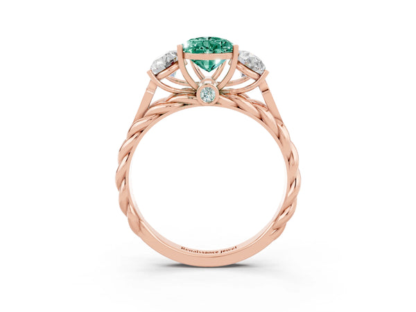 Rose gold Three-Stone Pear Cut Green Sapphire Braided Band Ring with Four-Prong Setting