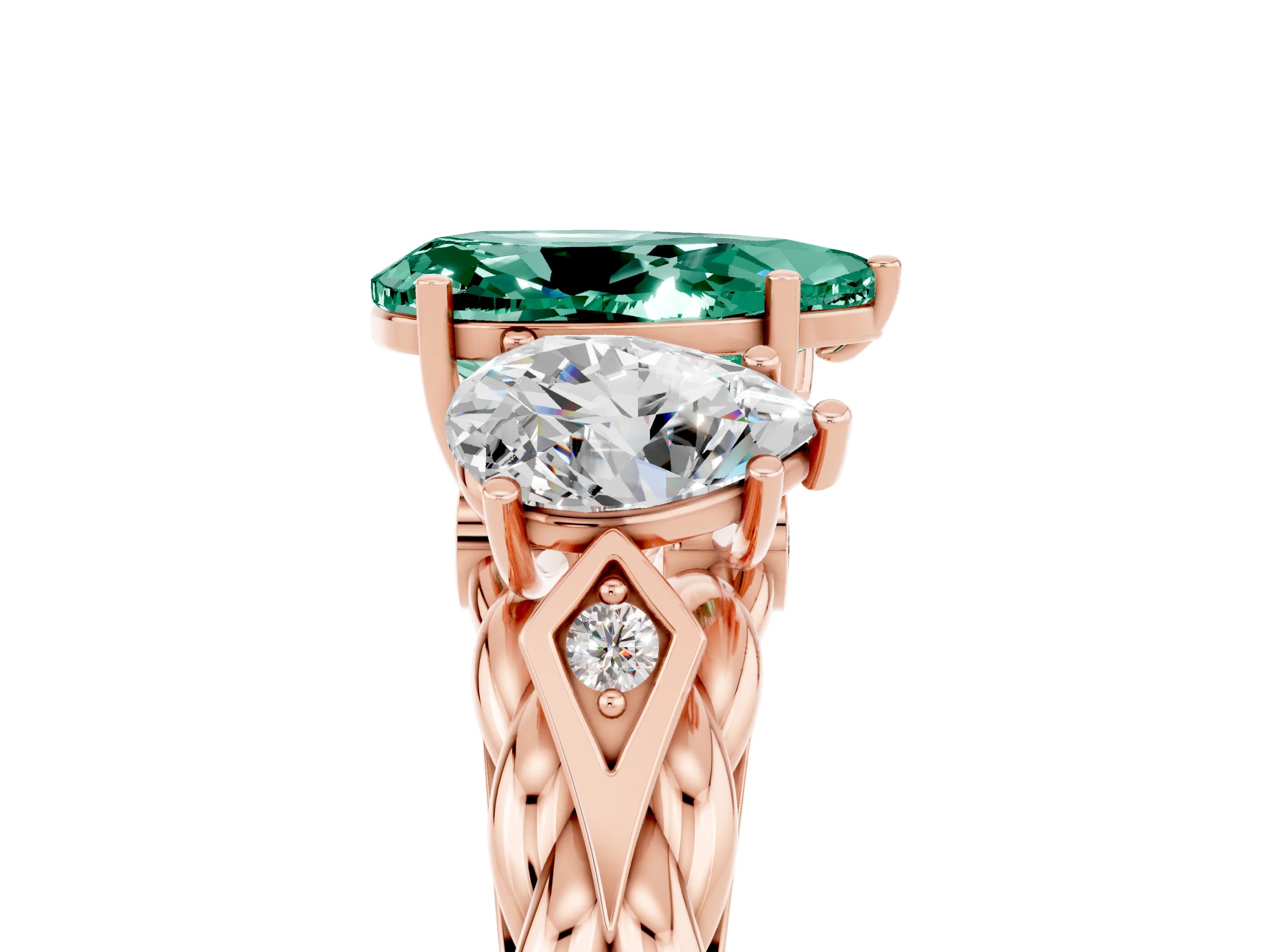 Rose gold Three-Stone Pear Cut Green Sapphire Braided Band Ring with Four-Prong Setting_17