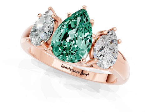 Rose gold Three-Stone Pear Cut Green Sapphire Engagement Ring with Prong Setting_1
