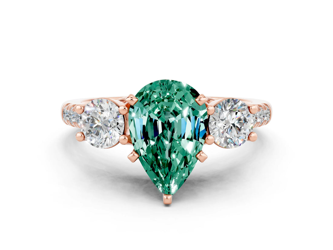 Rose gold Three-Stone Pear Cut Green Sapphire Pavé Band with Four-Prong Setting
