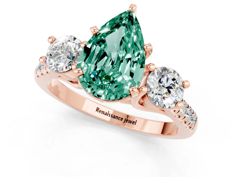Rose gold Three-Stone Pear Cut Green Sapphire Pavé Band with Four-Prong Setting_1