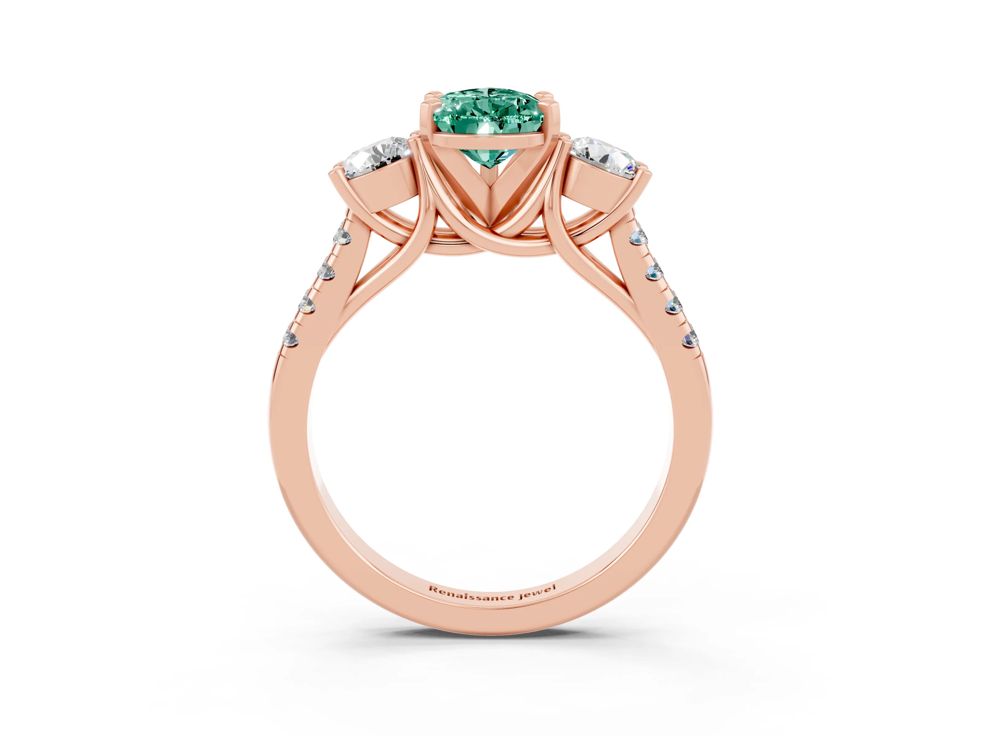 Rose gold Three-Stone Pear Cut Green Sapphire Pavé Band with Four-Prong Setting_3