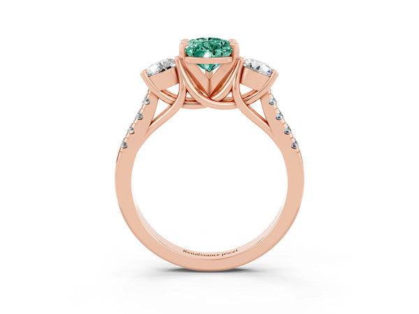 Rose gold Three-Stone Pear Cut Green Sapphire Pavé Band with Four-Prong Setting