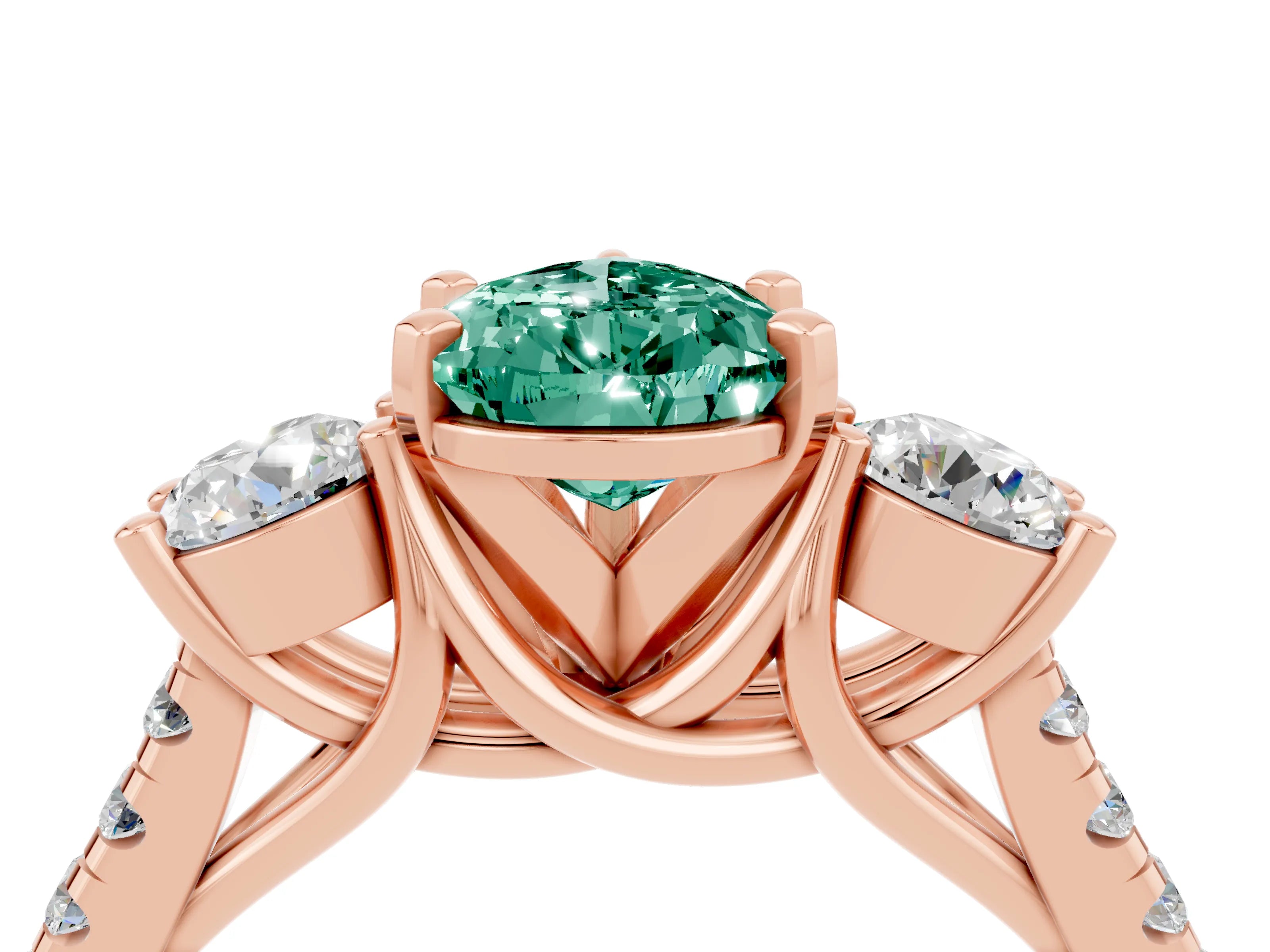 Rose gold Three-Stone Pear Cut Green Sapphire Pavé Band with Four-Prong Setting_4