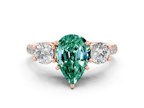 Rose gold Three-Stone Pear Cut Green Sapphire Pavé Band with Four-Prong Setting