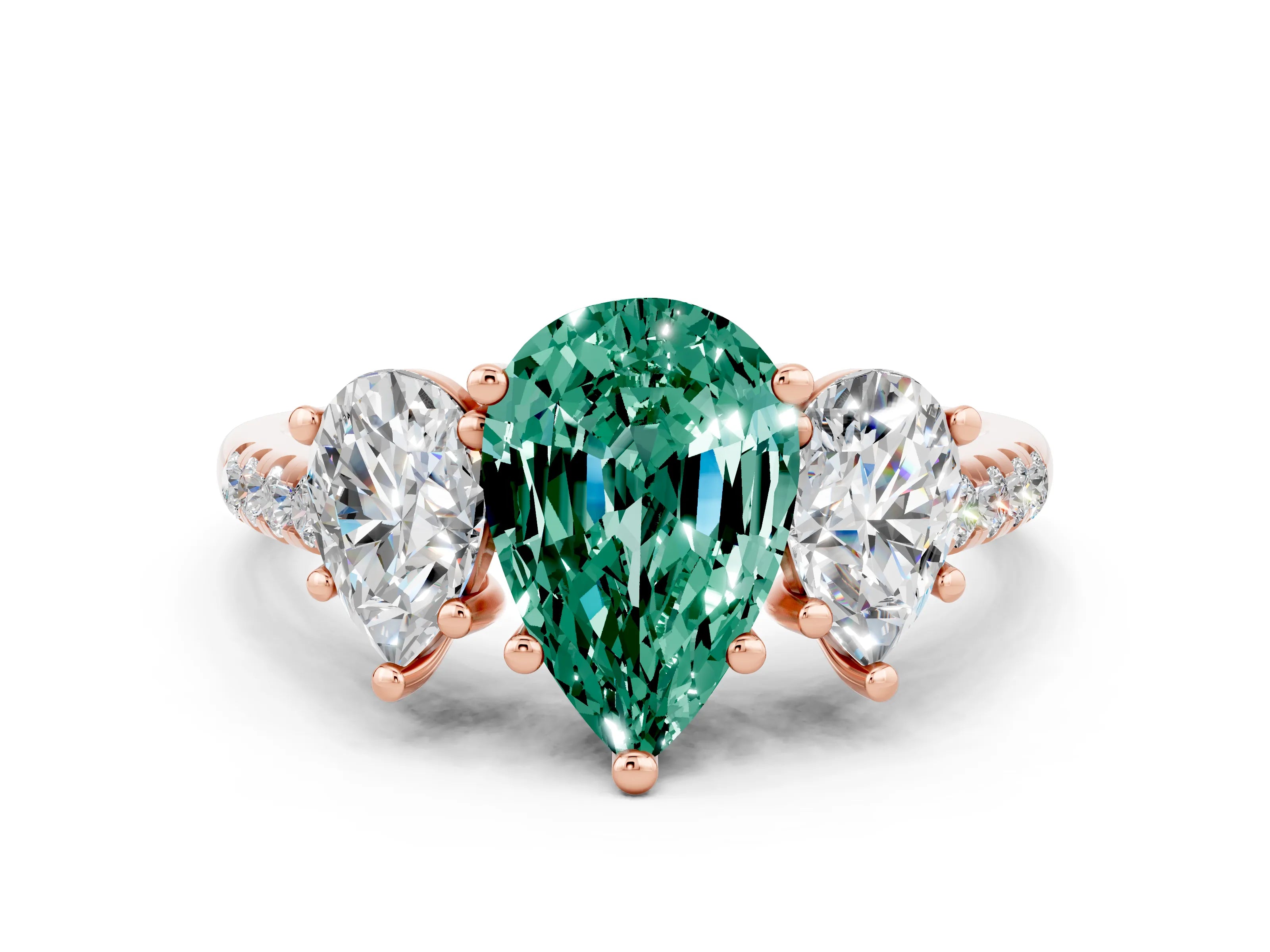 Rose gold Three-Stone Pear Cut Green Sapphire Ring with Pavé Band and Prong Setting_12