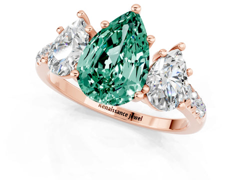 Rose gold Three-Stone Pear Cut Green Sapphire Ring with Pavé Band and Prong Setting_13
