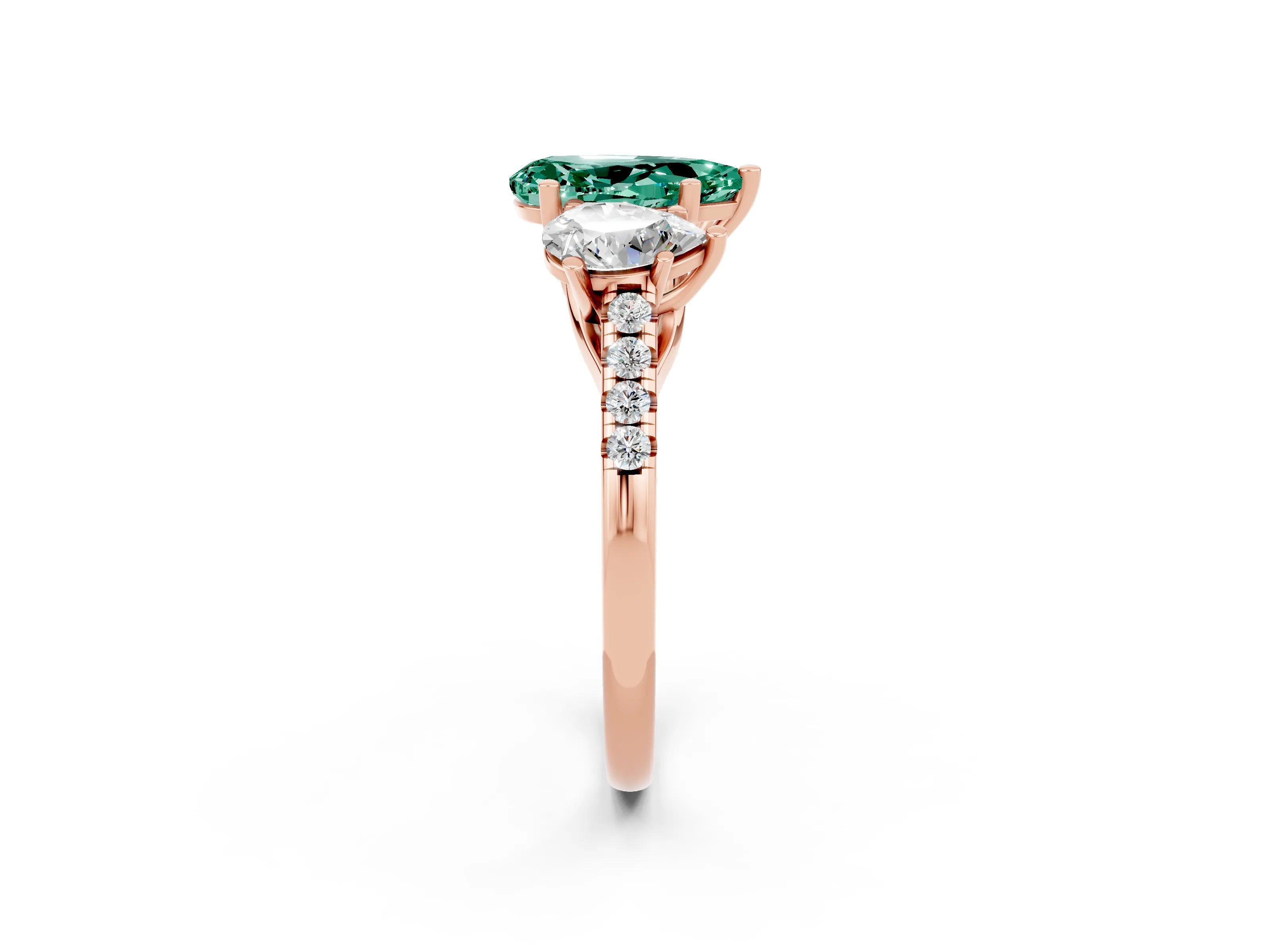 Rose gold Three-Stone Pear Cut Green Sapphire Ring with Pavé Band and Prong Setting_14