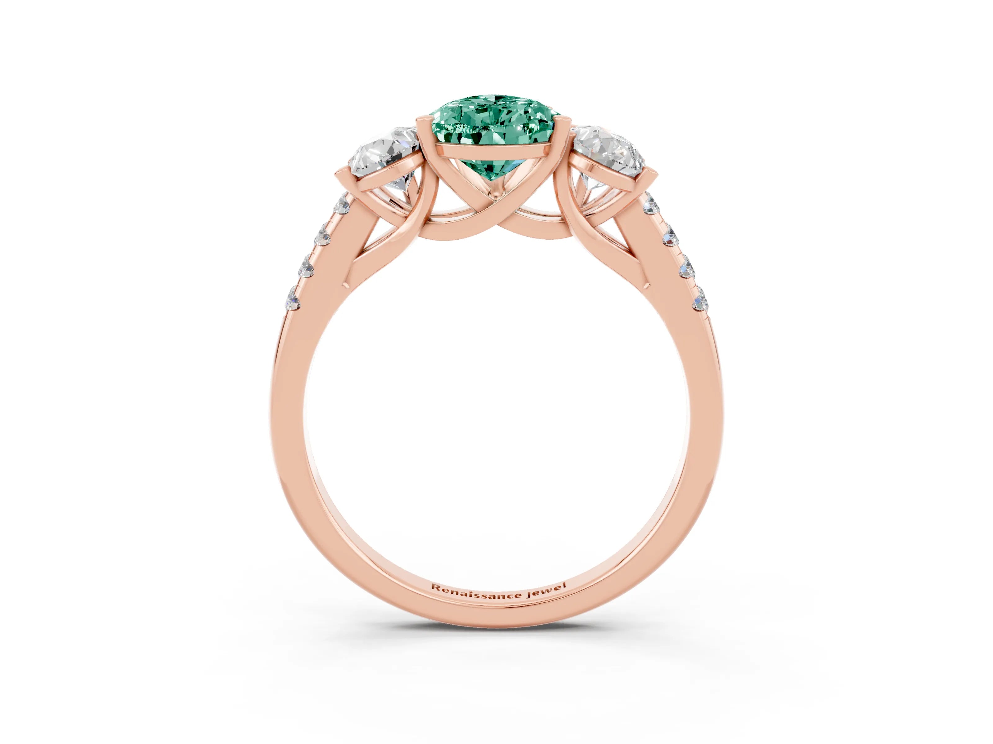 Rose gold Three-Stone Pear Cut Green Sapphire Ring with Pavé Band and Prong Setting_15