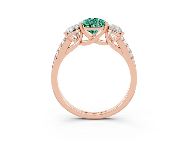 Rose gold Three-Stone Pear Cut Green Sapphire Ring with Round  Pavé Band and Prong Setting